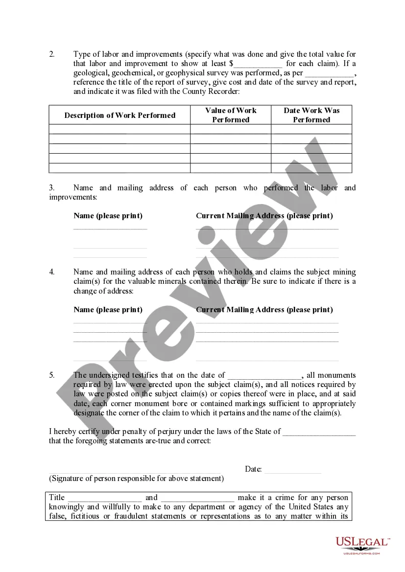 Preview Affidavit of Annual Assessment Work