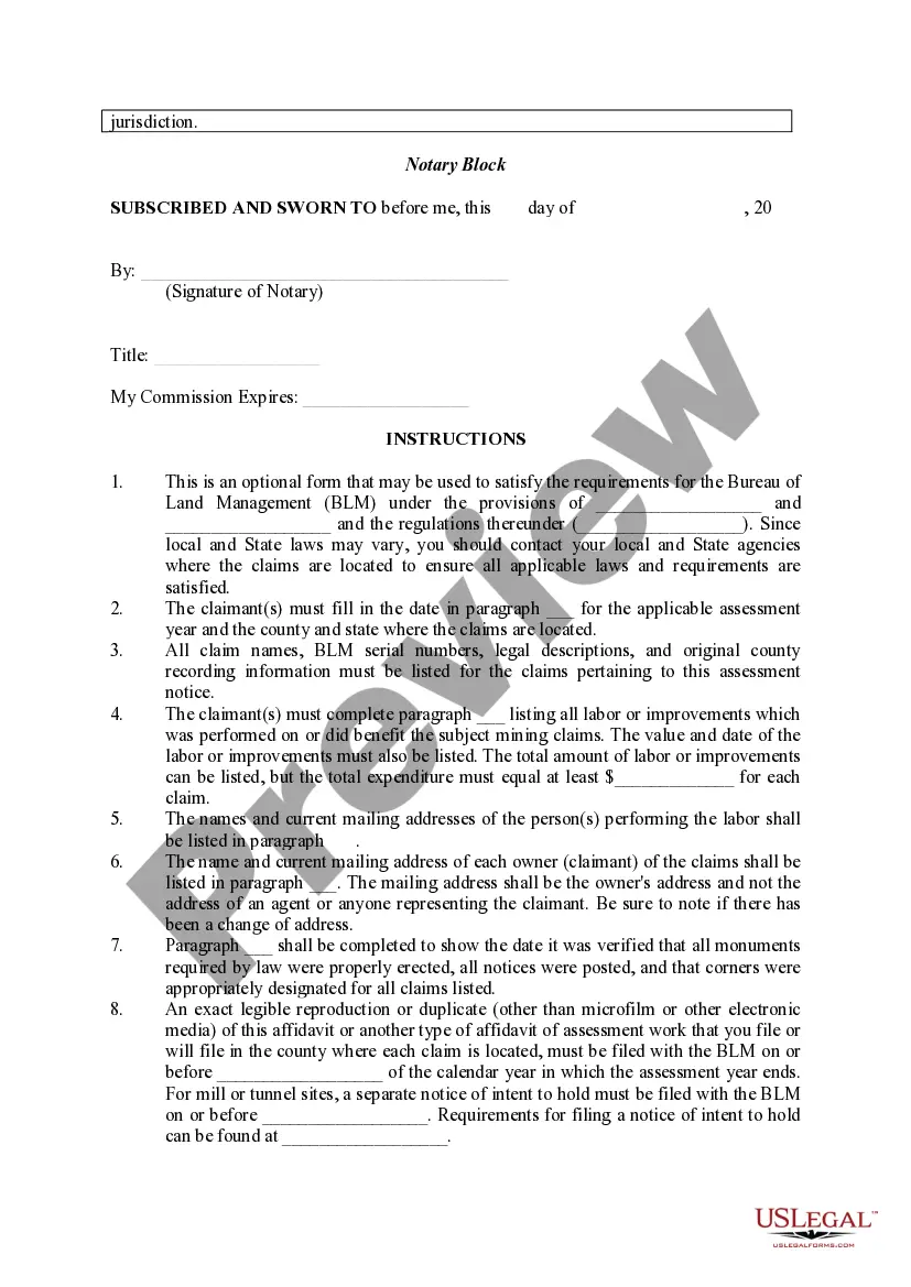 Preview Affidavit of Annual Assessment Work