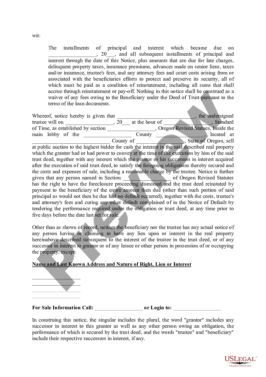 Oregon Affidavit of Mailing Notice of Sale And Notice to the Grantor ...