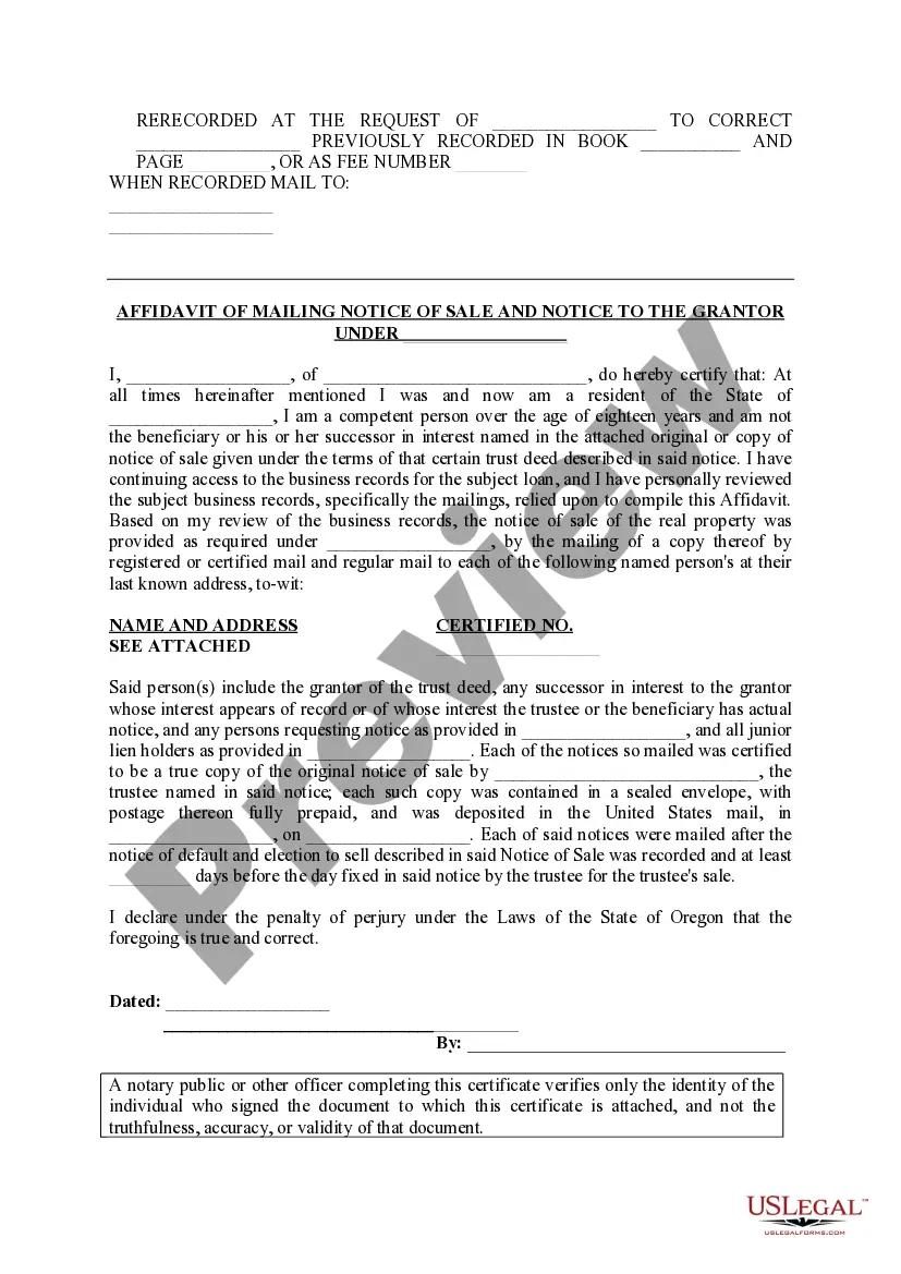 Preview Affidavit of Mailing Notice of Sale And Notice to the Grantor