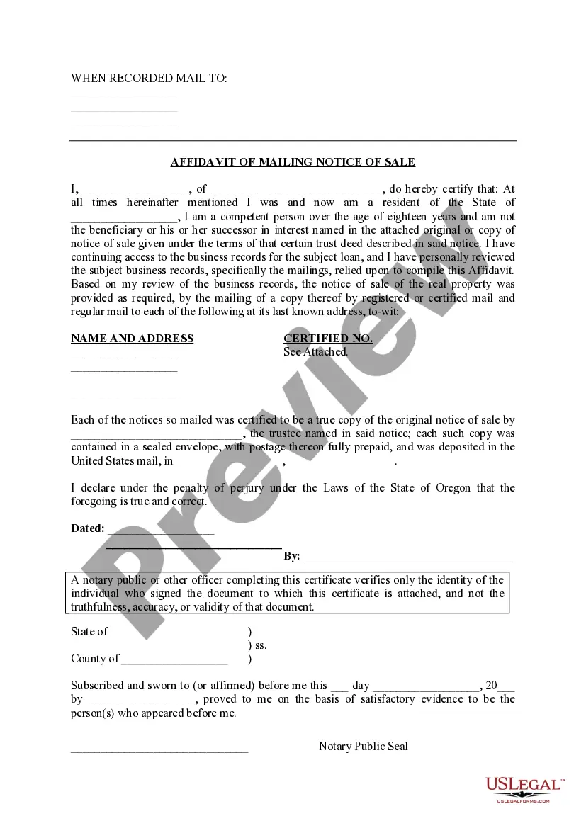 Preview Affidavit of Mailing Notice of Sale And Notice to the Grantor