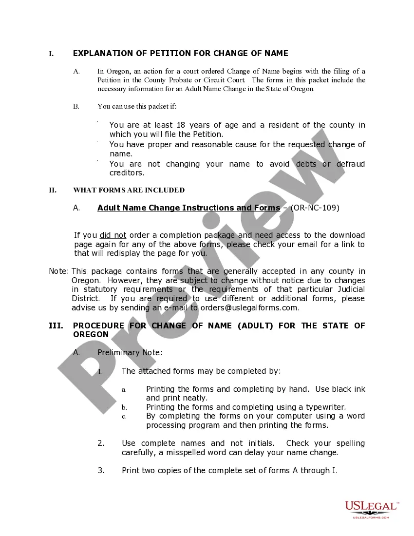 Preview Oregon Name Change Instructions and Forms Package for an Adult