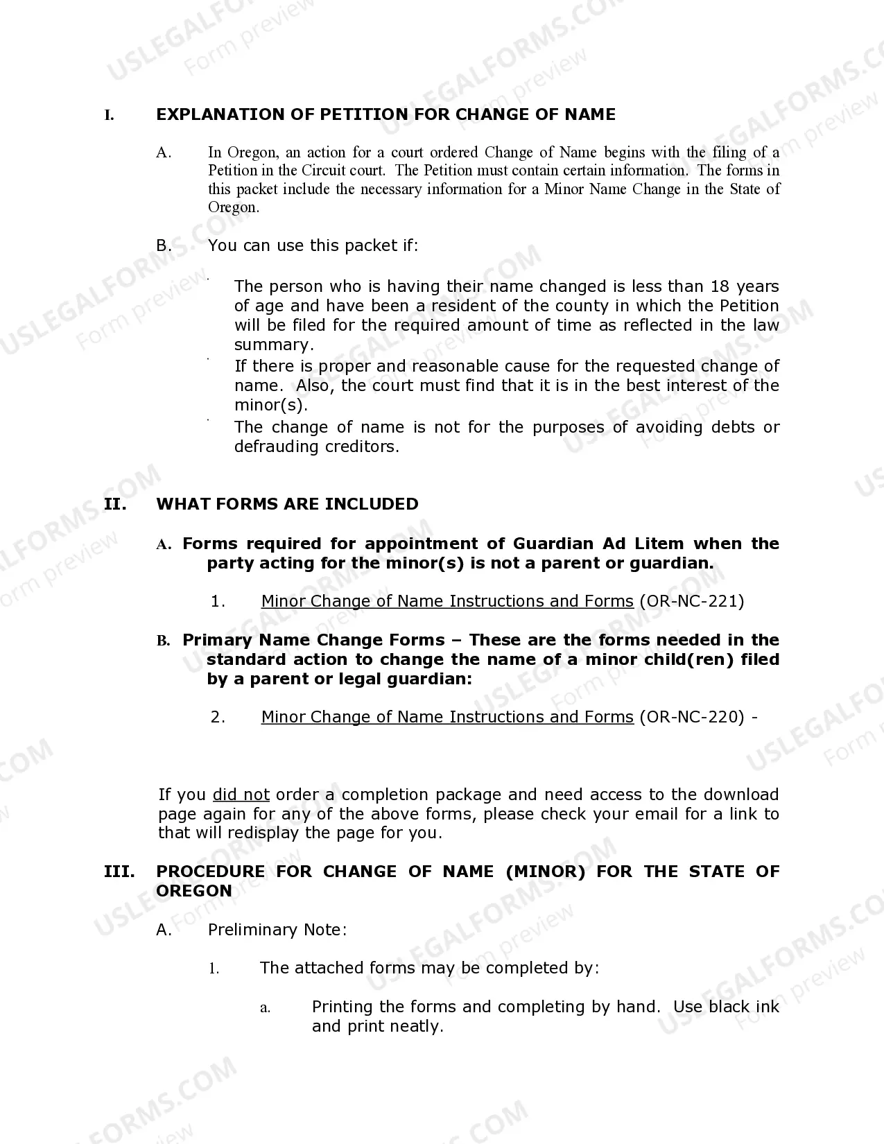 Preview Oregon Name Change Instructions and Forms Package for a Minor