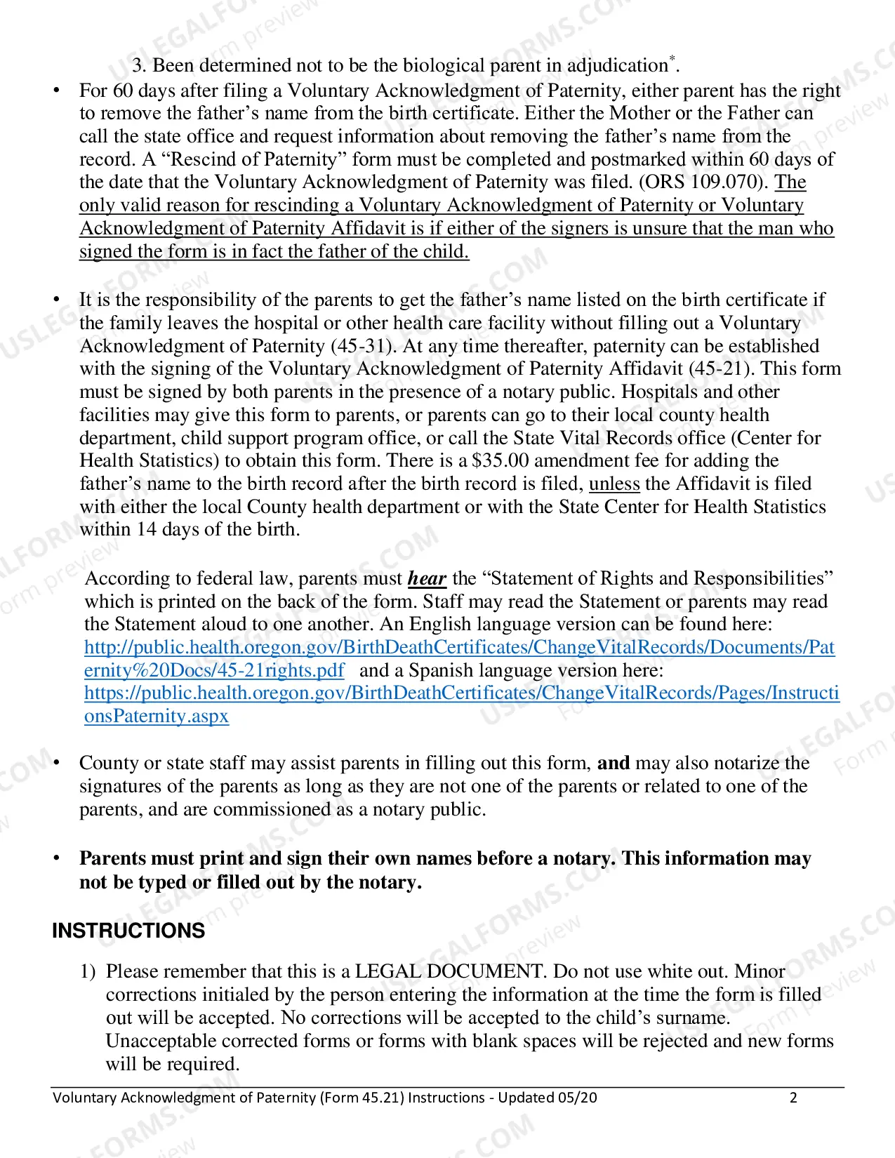 Preview Voluntary Acknowledgment of Paternity Affidavit Instructions