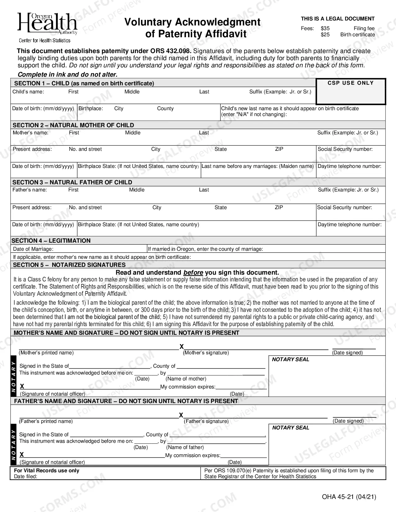 Preview Voluntary Acknowledgment of Paternity Affidavit