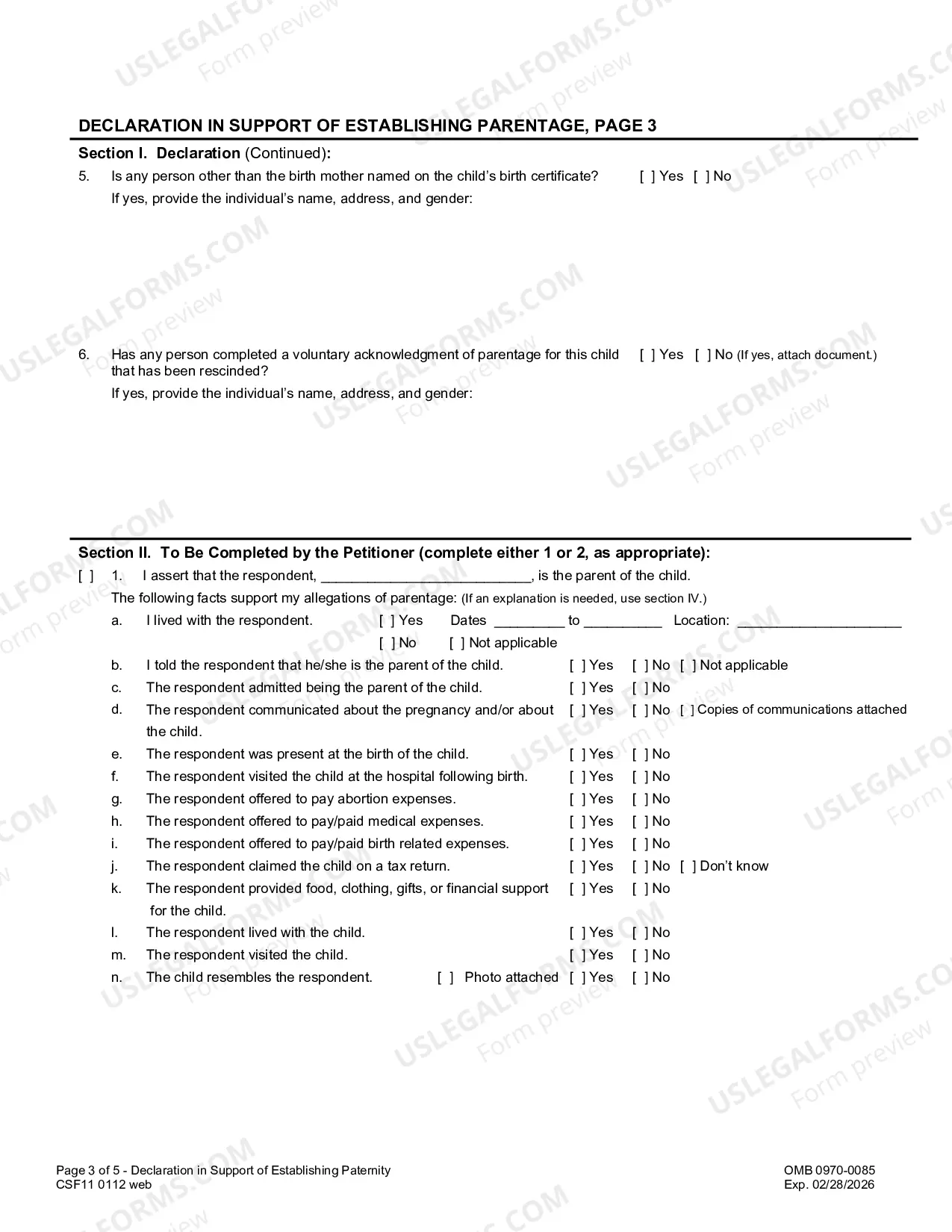 Preview Declaration in Support of Establishing Parentage