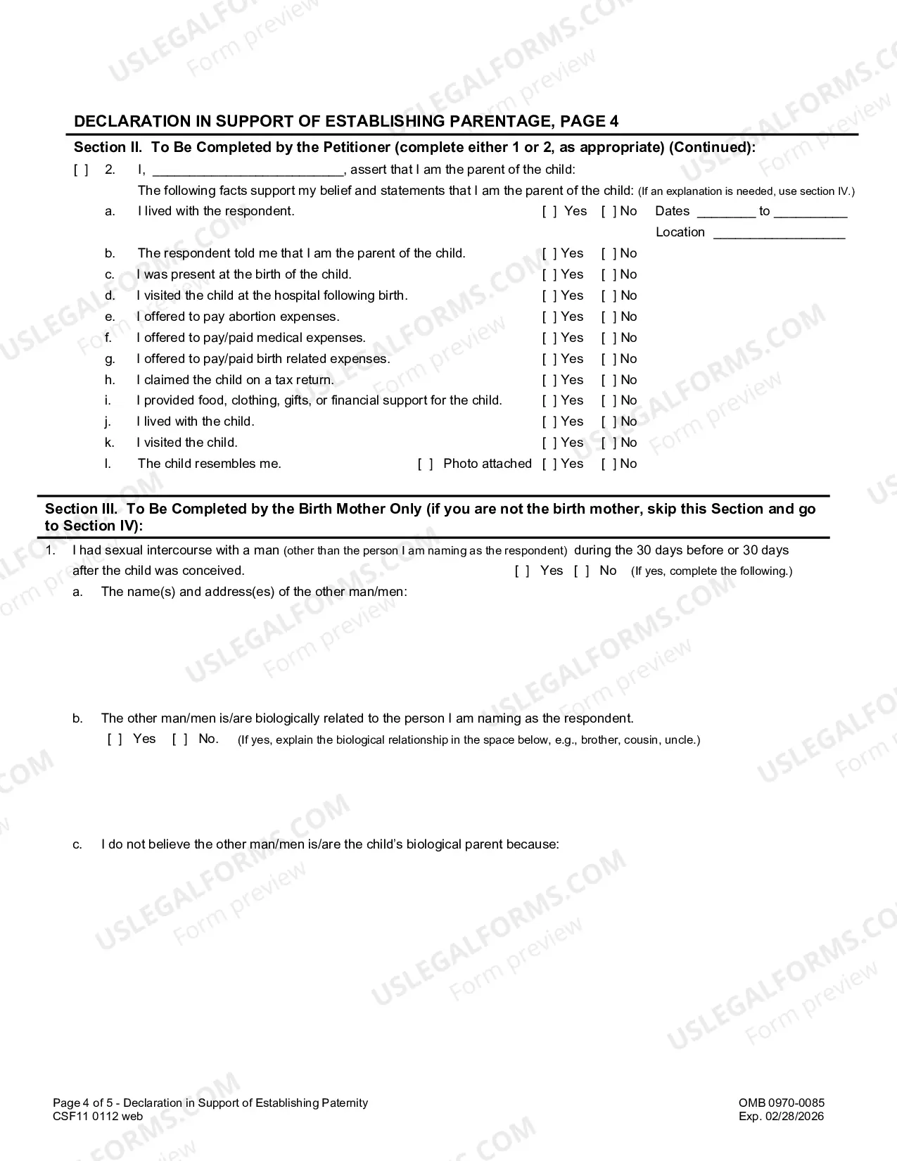 Preview Declaration in Support of Establishing Parentage