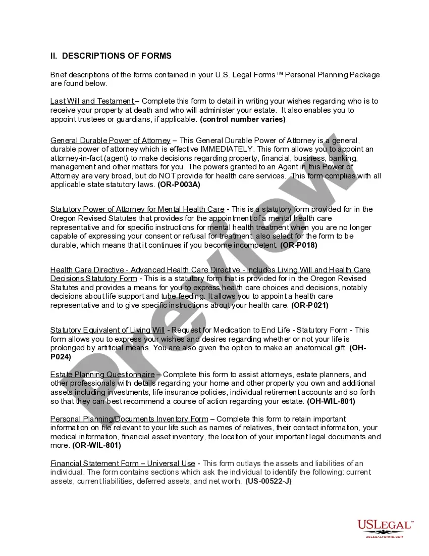 Get Oregon Life Documents Planning Package, including Will, Power of Attorney and Living Will Preview Oregon Life Documents Planning Package, including Will, Power of Attorney and Living Will