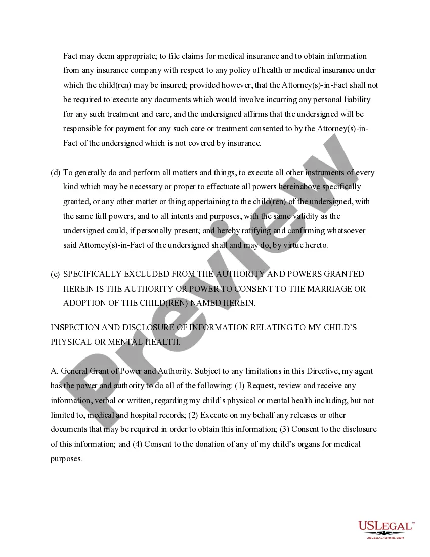 Preview General Power of Attorney for Care and Custody of Child or Children