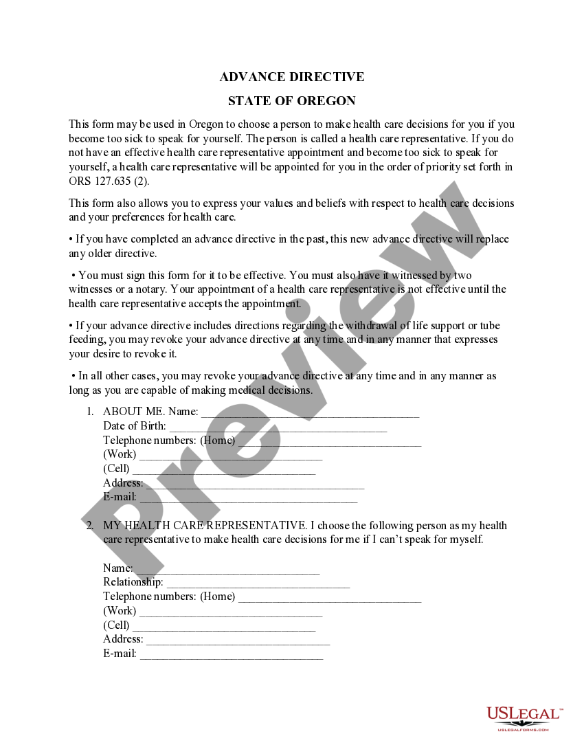 Oregon Health Care Directive Advance Healthcare directive Oregon