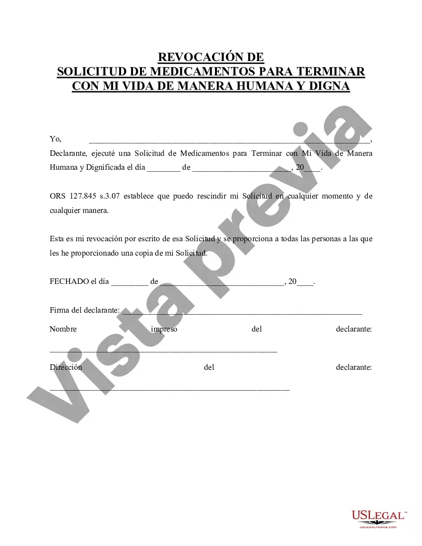 Preview Revocación del equivalente legal de testamento en vida o declaración - Solicitud de medicamentos para poner fin a la vida