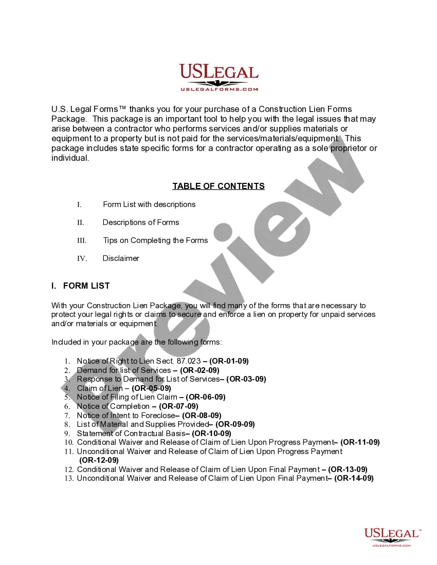 Preview Oregon Construction or Mechanics Lien Package - Individual