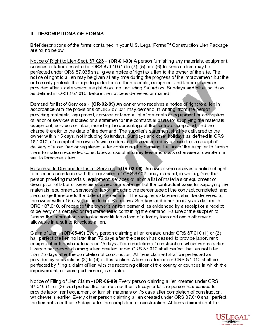 Preview Oregon Construction or Mechanics Lien Package - Individual