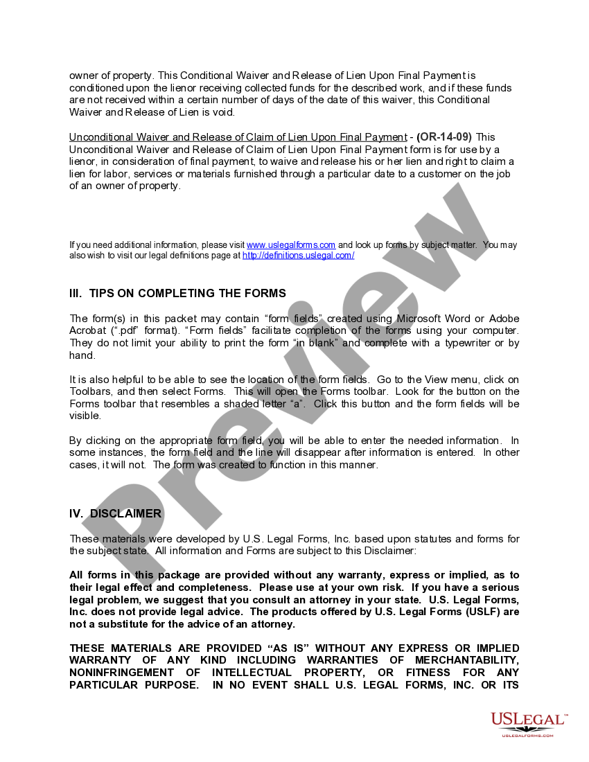 Oregon Construction or Mechanics Lien Package Corporation US Legal