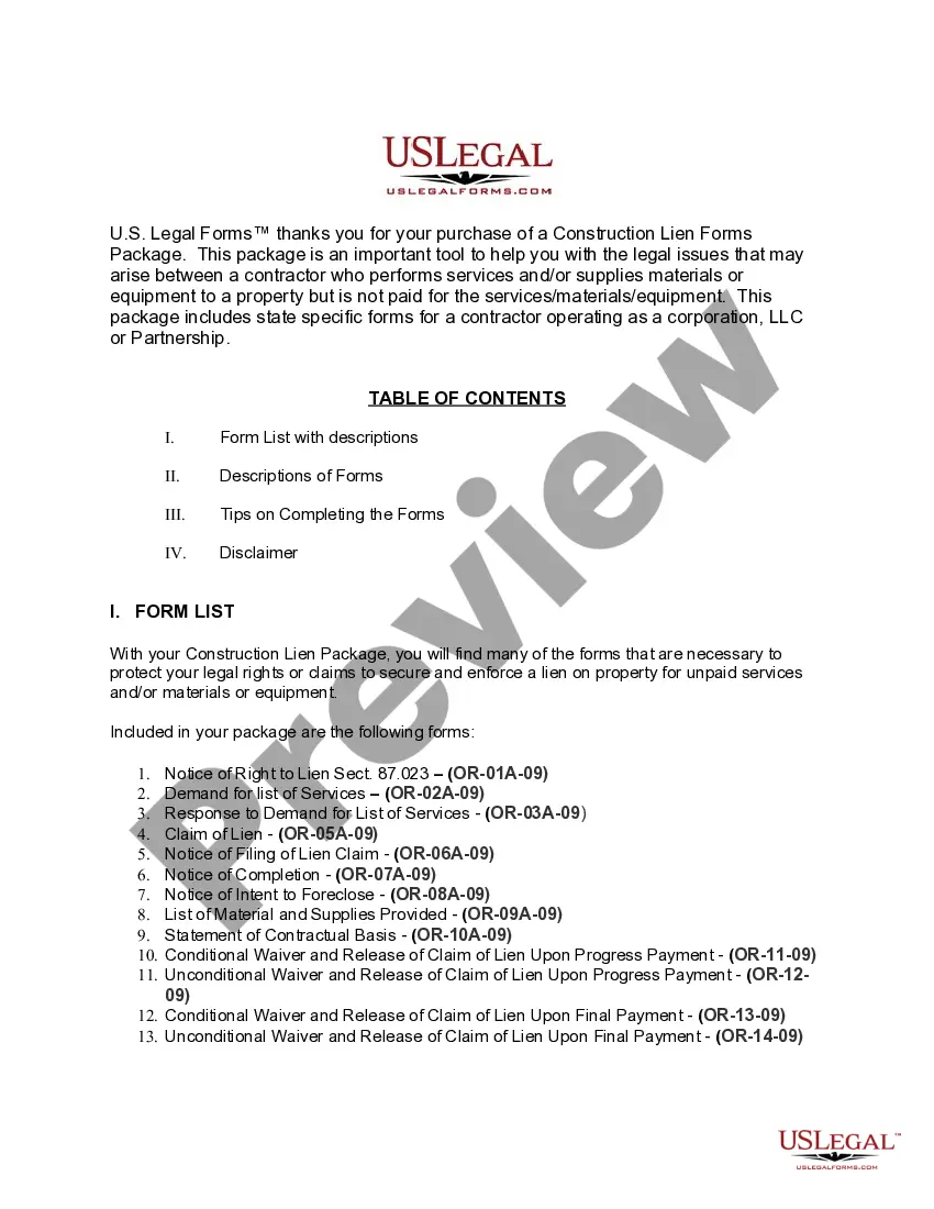 Preview Oregon Construction or Mechanics Lien Package - Corporation