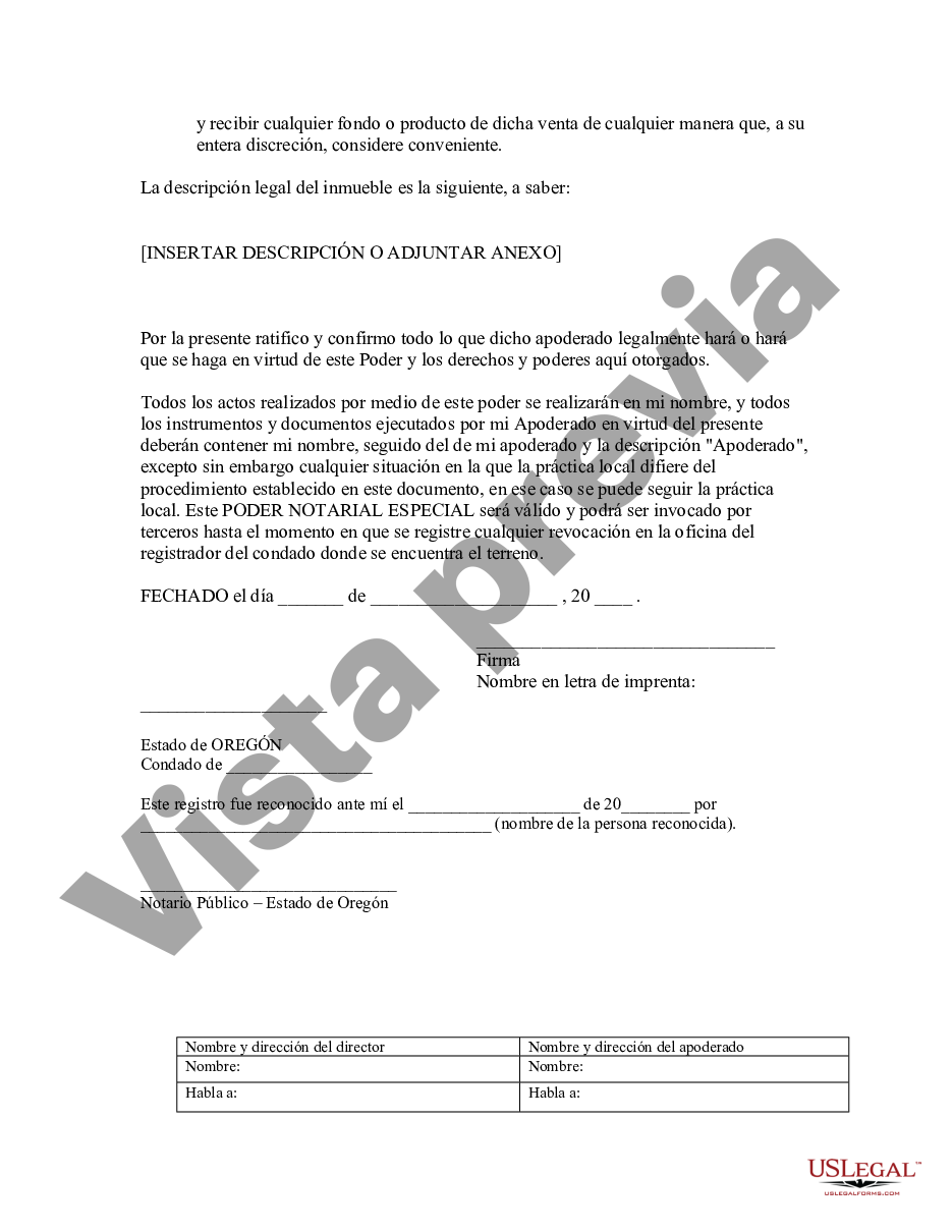 Eugene Oregon Poder Notarial Especial O Limitado Para Transacciones De Venta De Bienes Raíces 0718