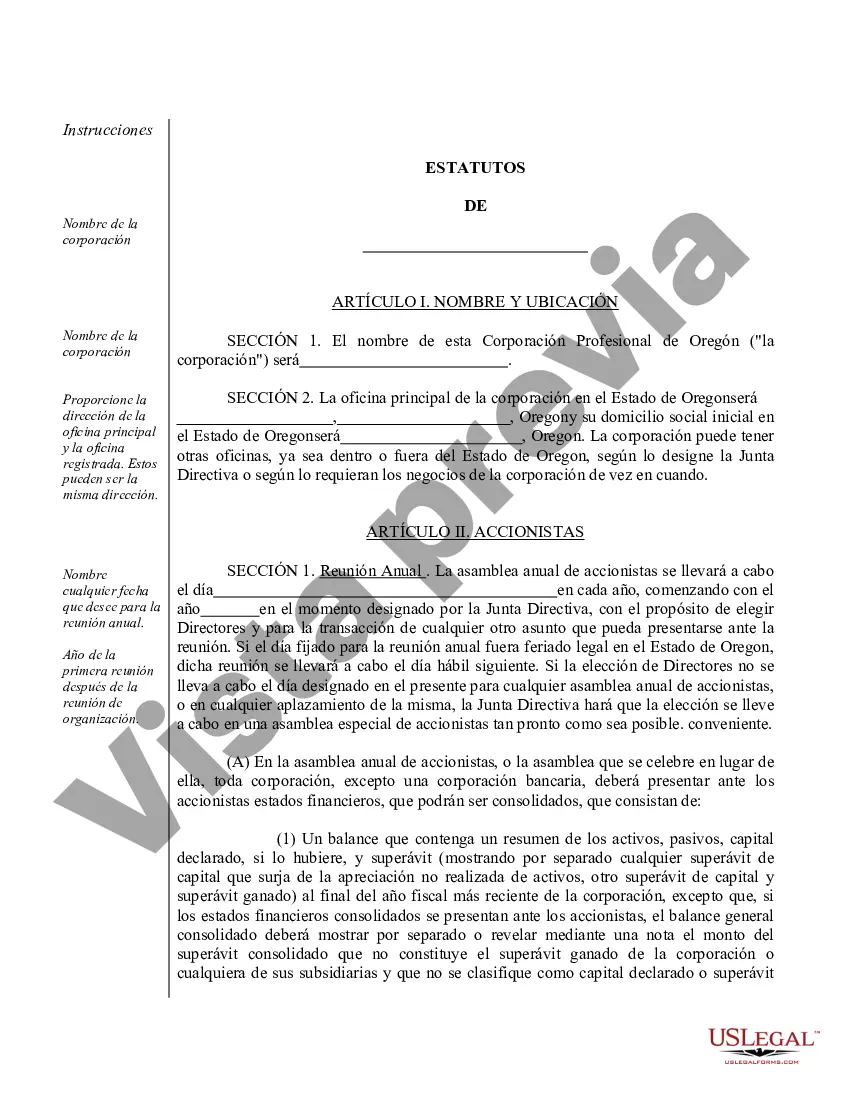 Preview Modelo de estatutos para una corporación profesional de Oregón