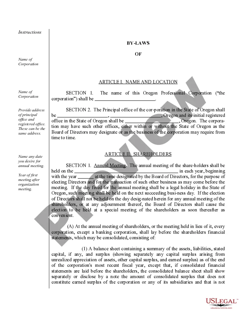 Preview Sample Bylaws for an Oregon Professional Corporation