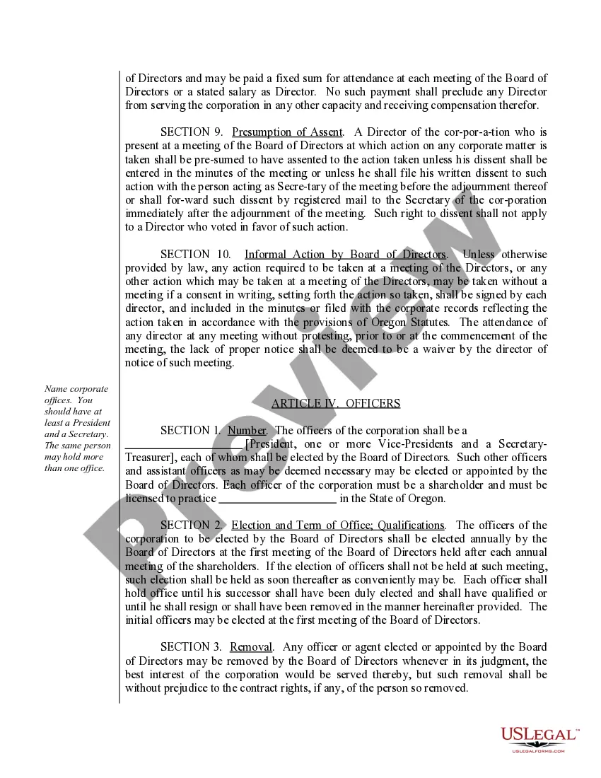 Preview Sample Bylaws for an Oregon Professional Corporation