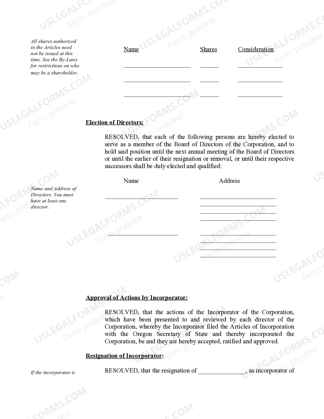 Preview Organizational Minutes for an Oregon Professional Corporation