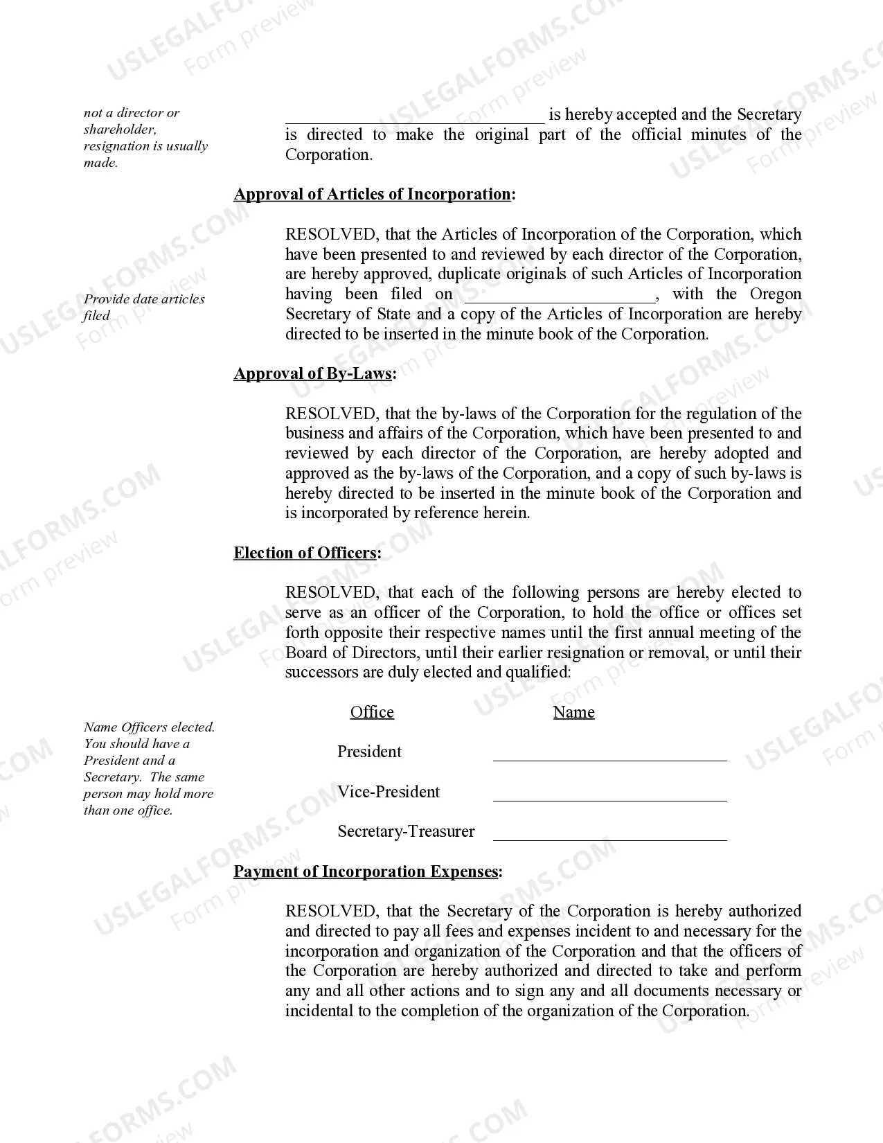 Preview Organizational Minutes for an Oregon Professional Corporation