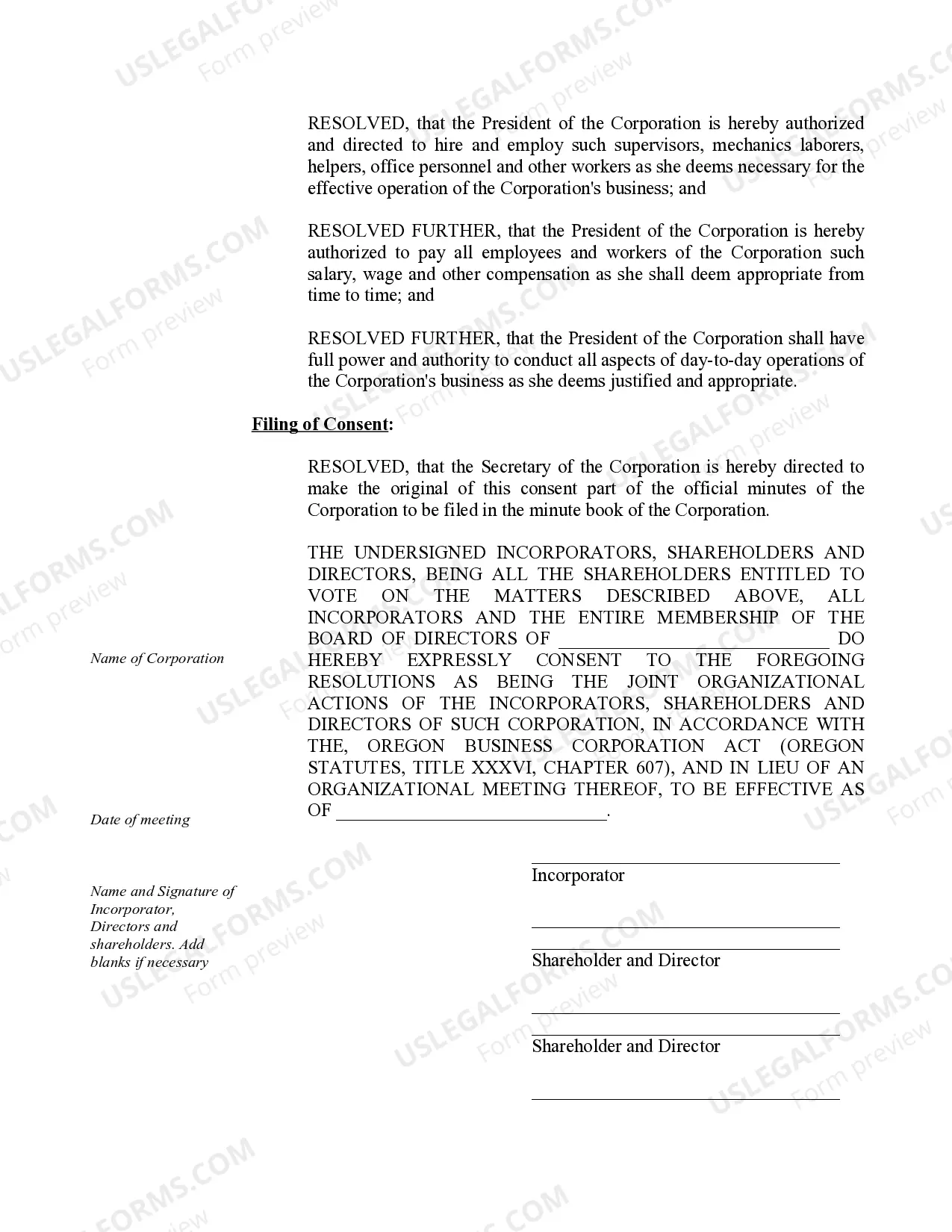 Preview Organizational Minutes for an Oregon Professional Corporation