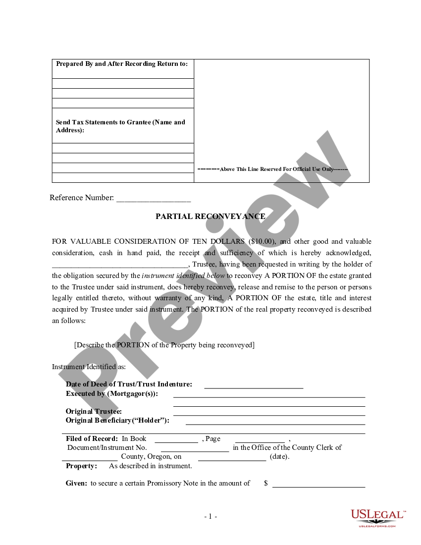 Oregon Partial Release of Property From Deed of Trust for Individual ...