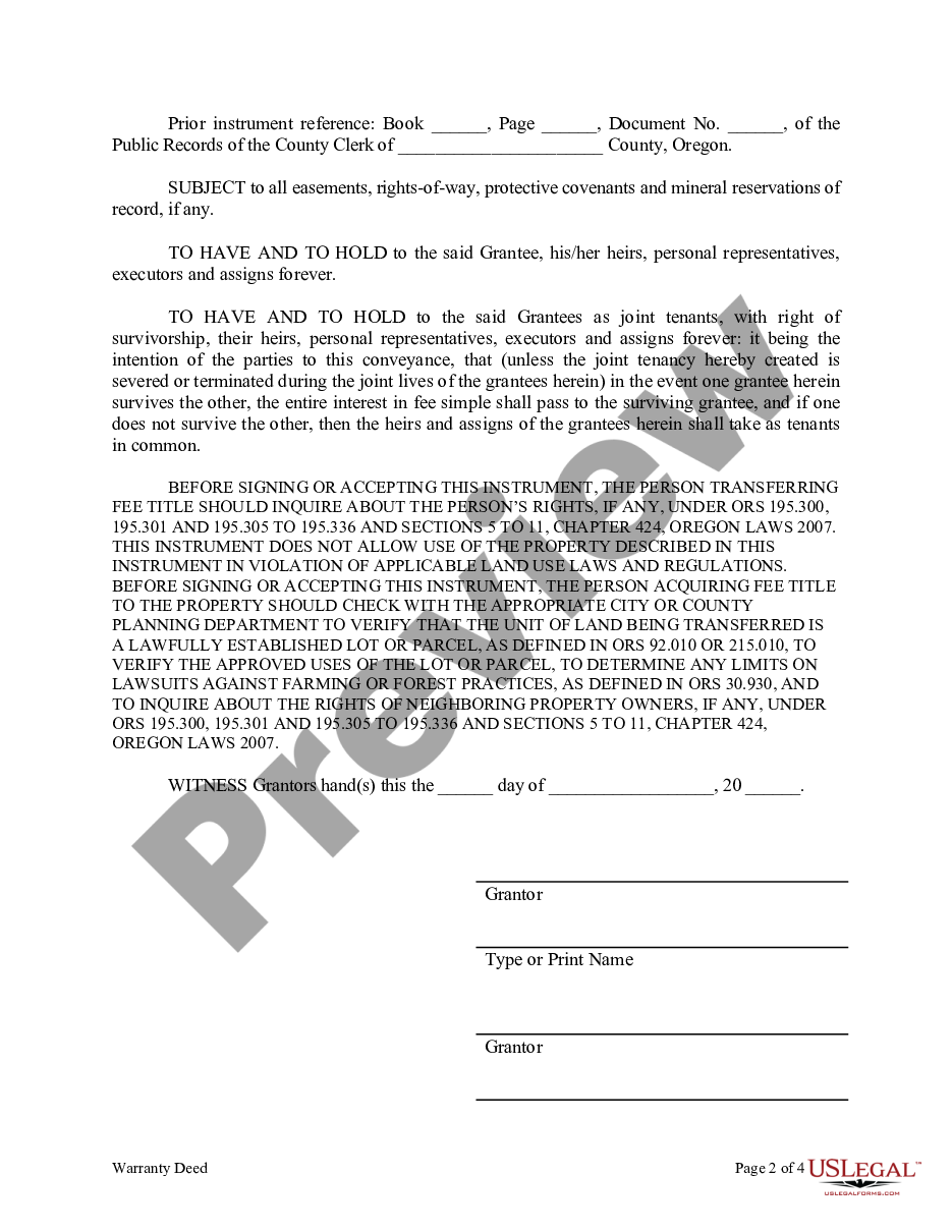 Oregon Warranty Deed For Husband And Wife Converting Property From Tenants In Common To Joint 