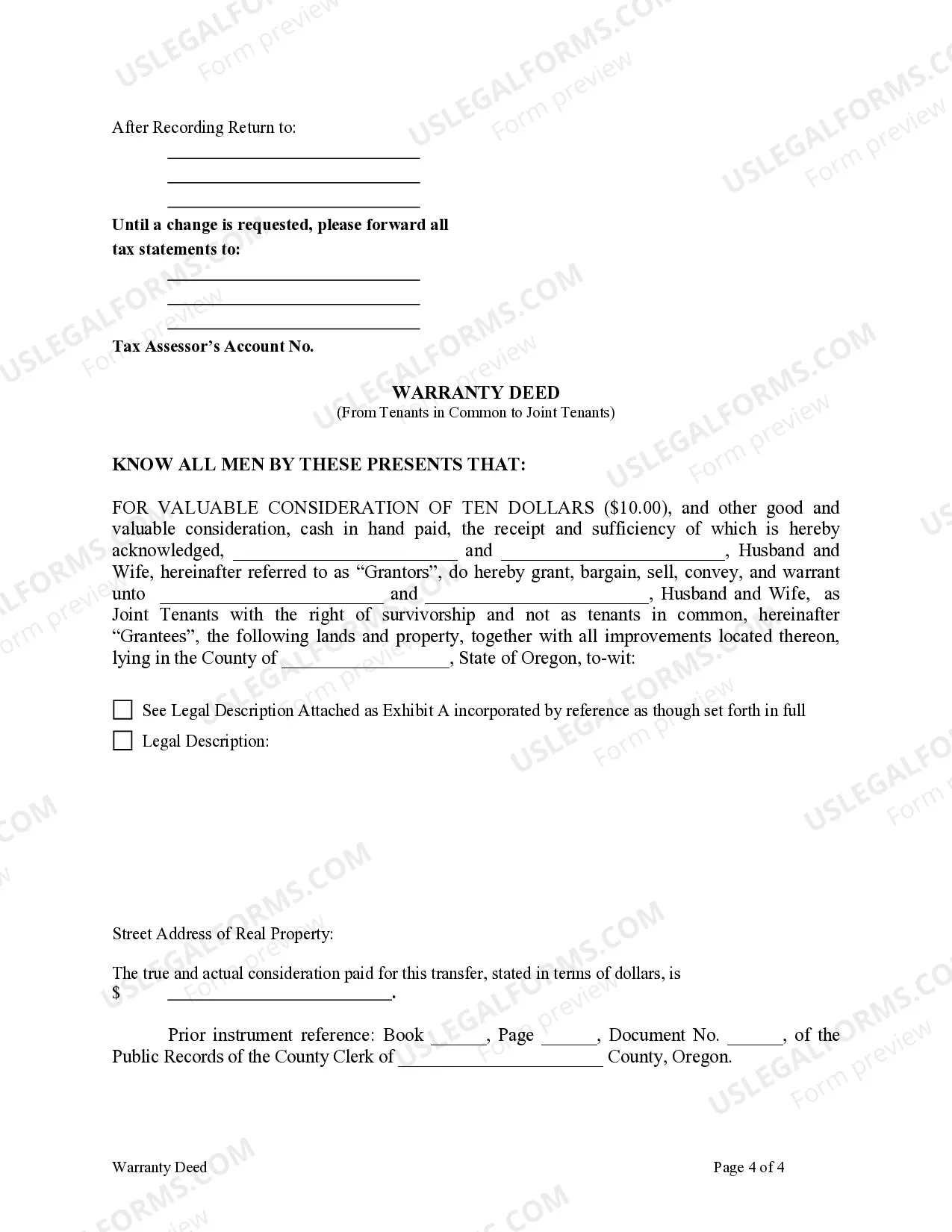 Preview Warranty Deed for Husband and Wife Converting Property from Tenants in Common to Joint Tenancy