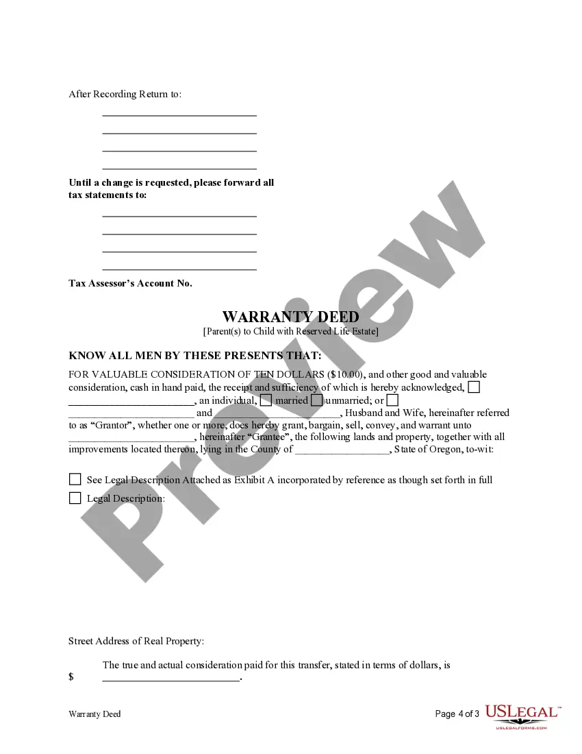 Get Warranty Deed for Parents to Child with Reservation of Life Estate Preview Warranty Deed for Parents to Child with Reservation of Life Estate