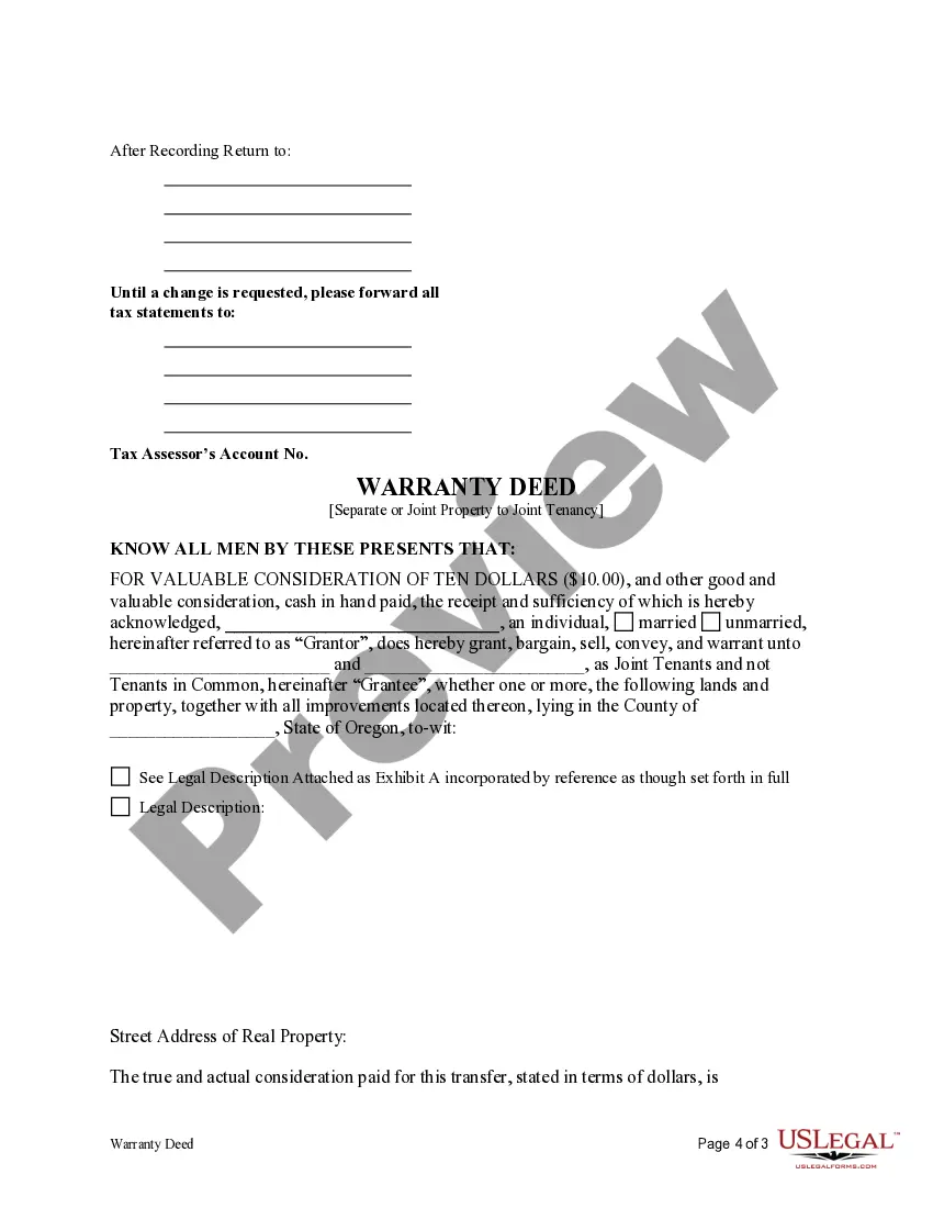 Get Warranty Deed for Separate or Joint Property to Joint Tenancy Preview Warranty Deed for Separate or Joint Property to Joint Tenancy