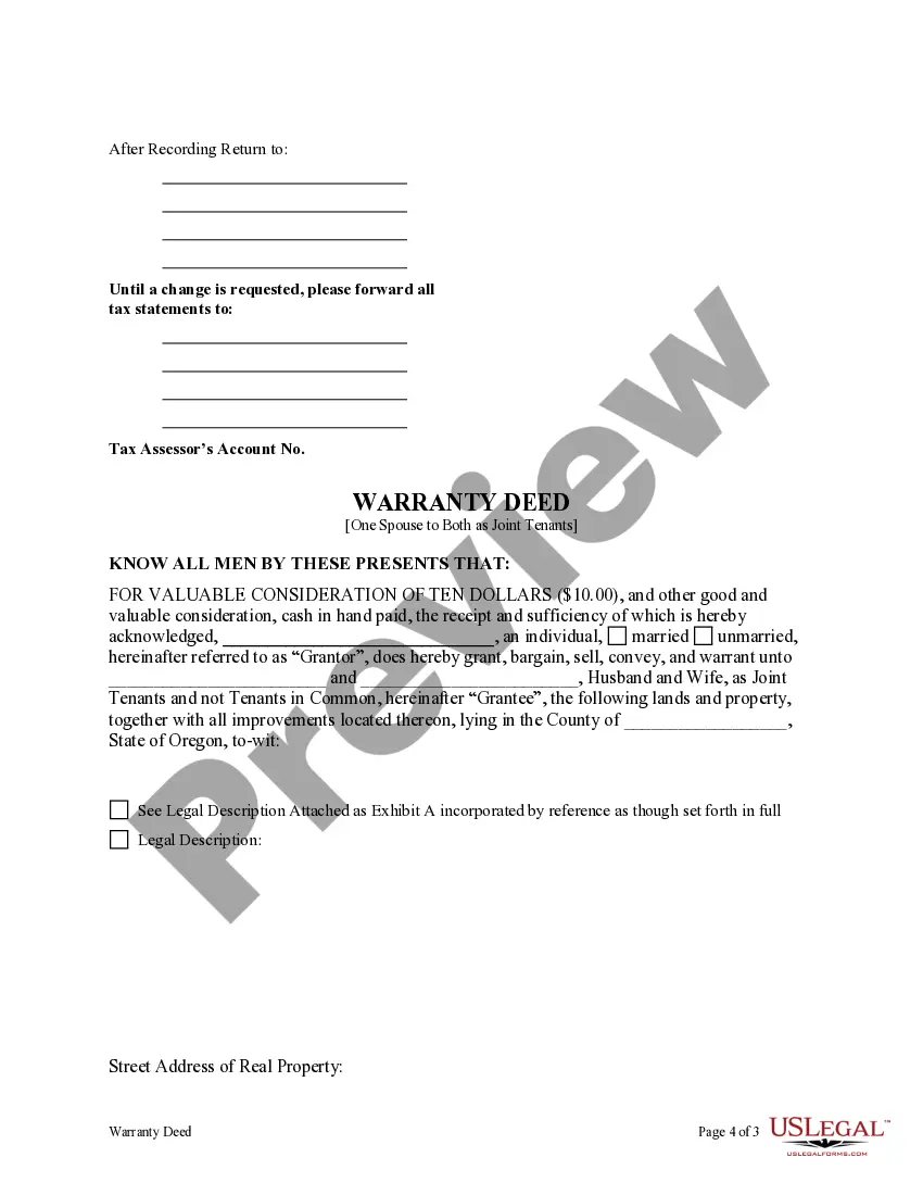 Preview Warranty Deed to Separate Property of One Spouse to Both Spouses as Joint Tenants