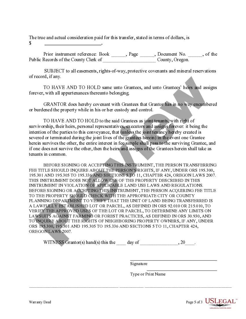 Preview Warranty Deed to Separate Property of One Spouse to Both Spouses as Joint Tenants