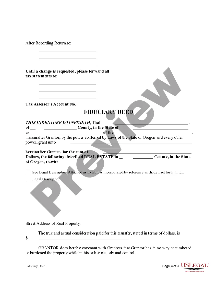 Get Fiduciary Deed for use by Executors, Trustees, Trustors, Administrators and other Fiduciaries Preview Fiduciary Deed for use by Executors, Trustees, Trustors, Administrators and other Fiduciaries