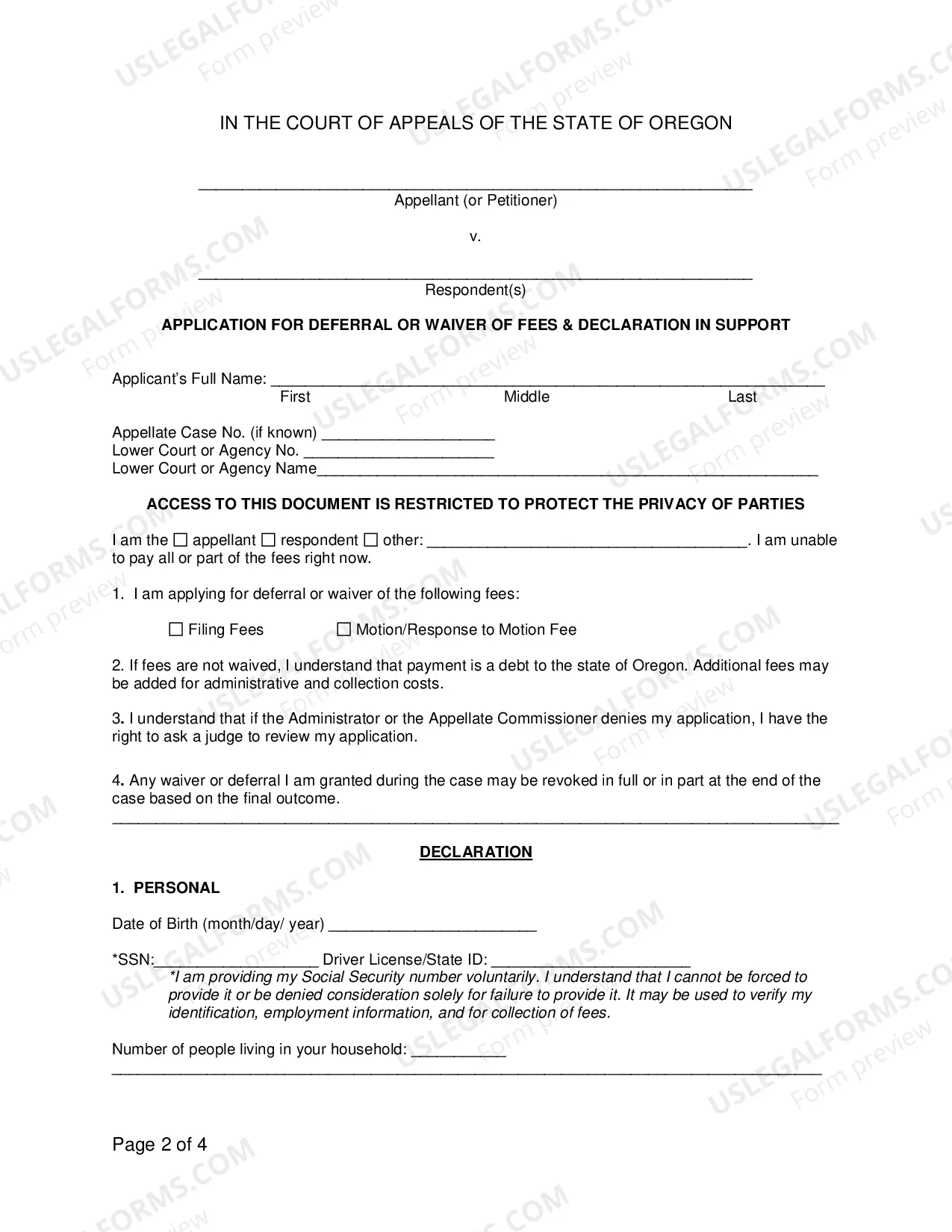 Preview Motion And Declaration For Waiver Or Deferral Of Fees