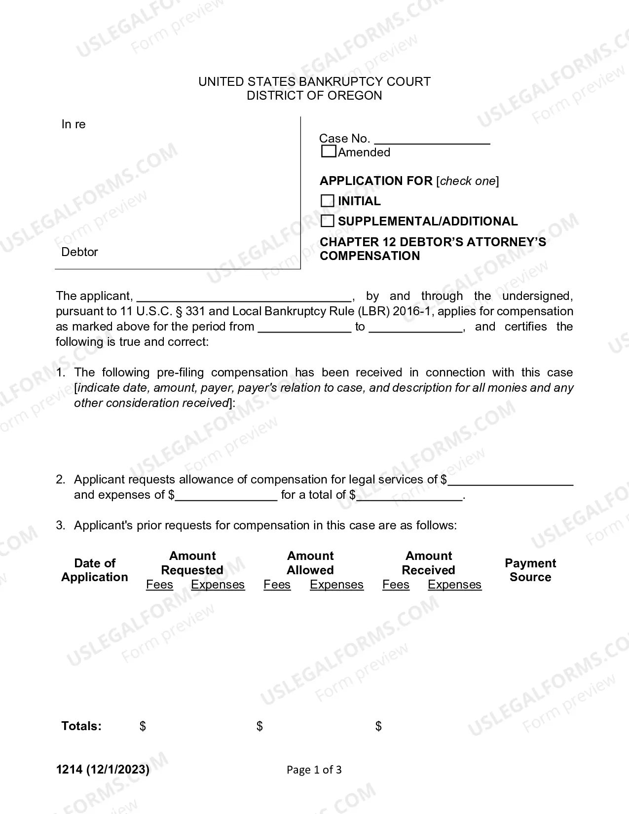 Preview Application For Chapter 12 Initial Or Supplemental Compensation of Attorney For Debtor
