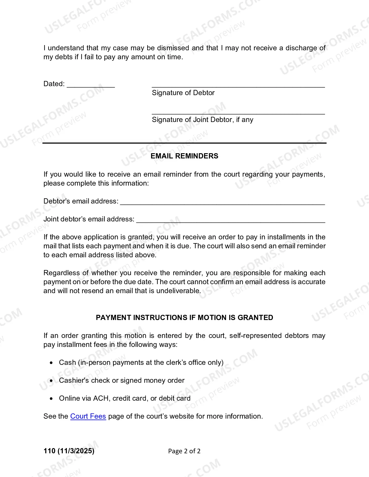 Preview Individual Debtors Application To Pay Filing Fees In Installments