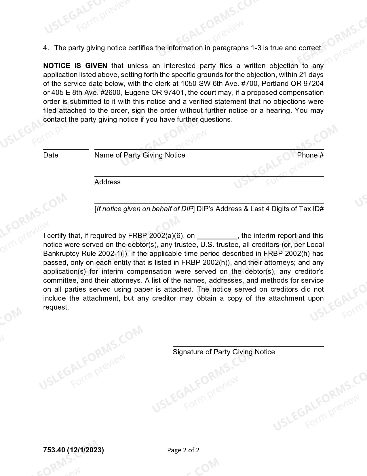 Preview Notice of Intent To Compensate Professionals