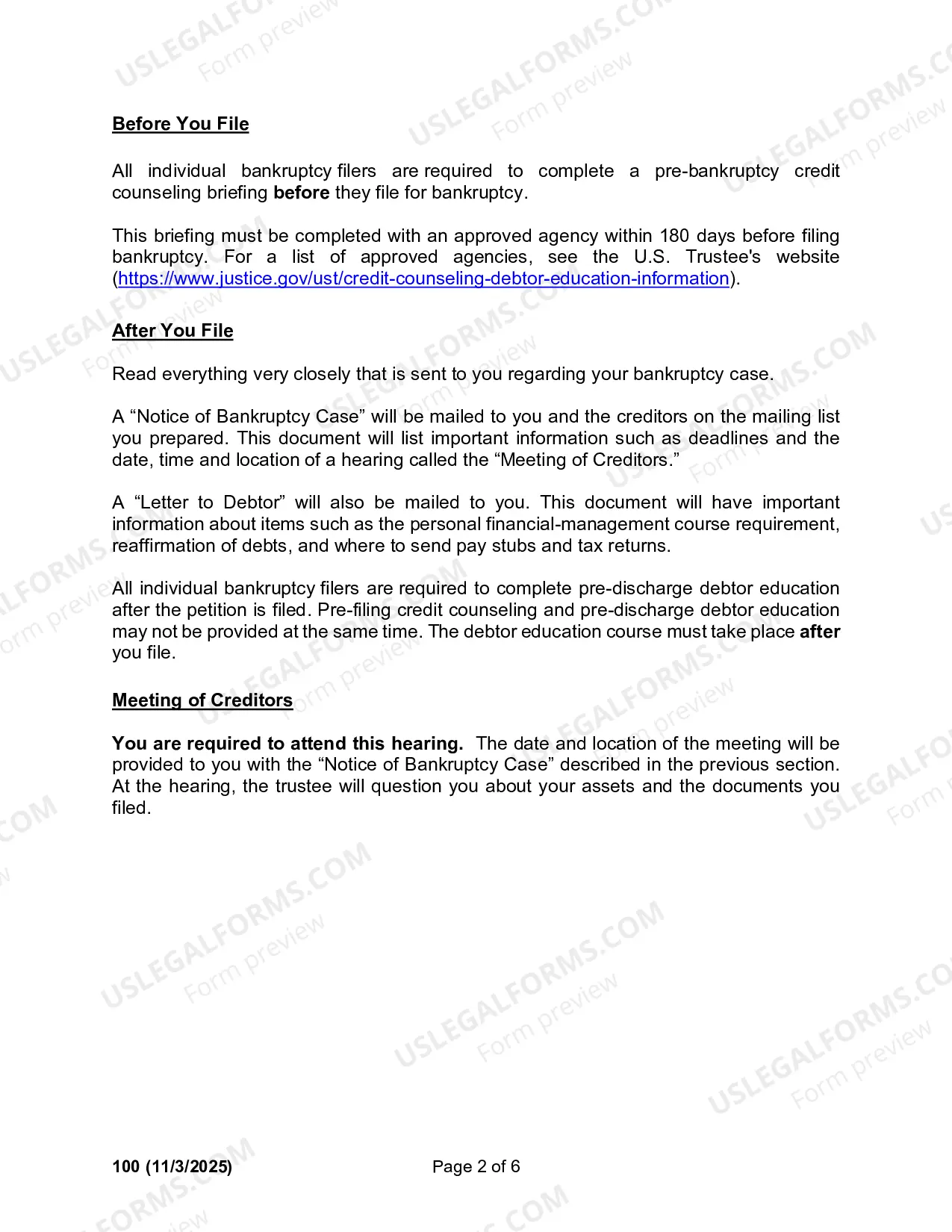 Preview Instructions for Filing an Individual Bankruptcy Case