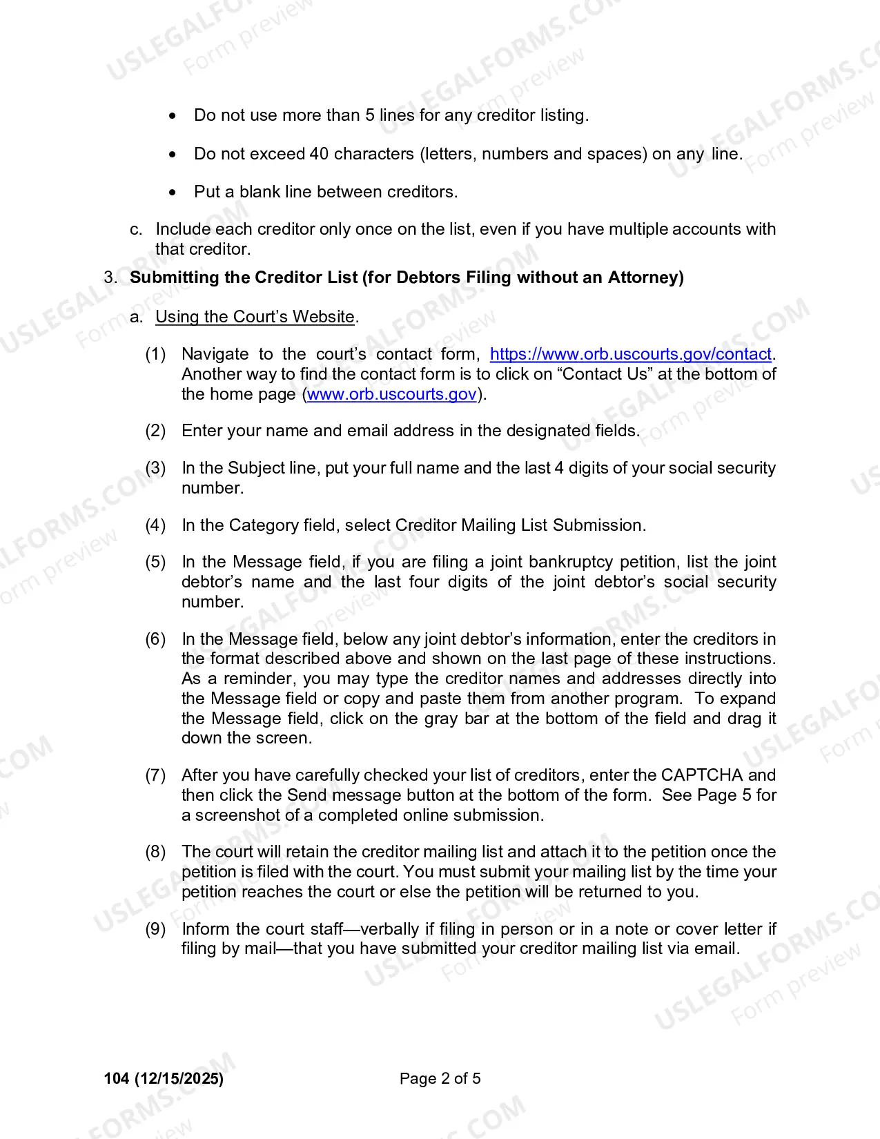Preview Instructions for Preparation of Creditor Mailing List
