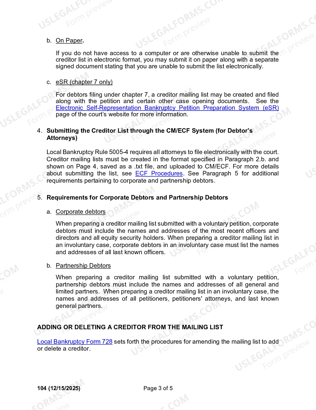 Preview Instructions for Preparation of Creditor Mailing List