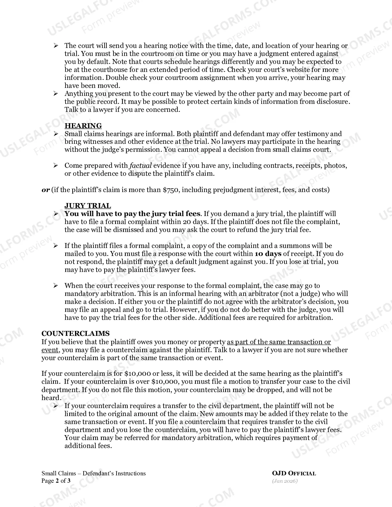 Preview Instructions for Responding to a Small Claim