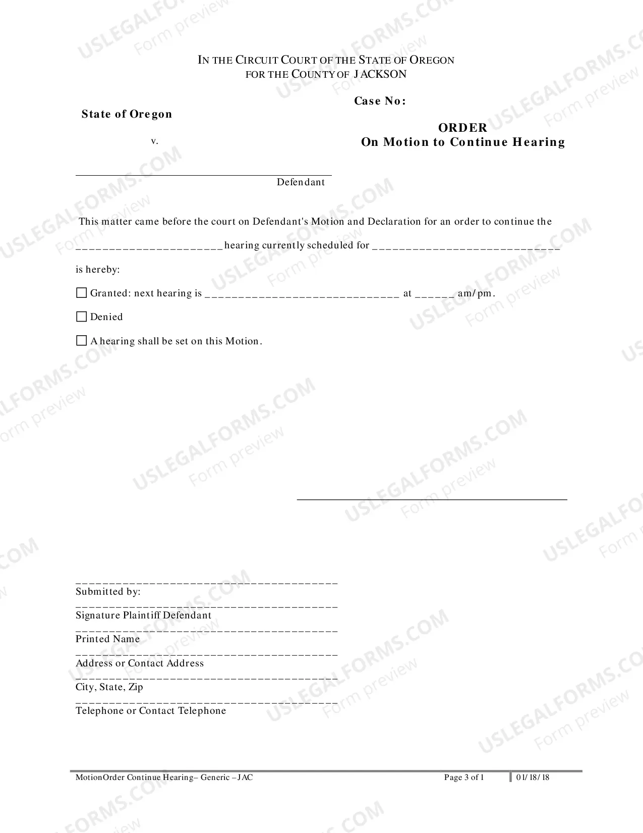 Preview Criminal Generic Motion and Order to Continue Hearing