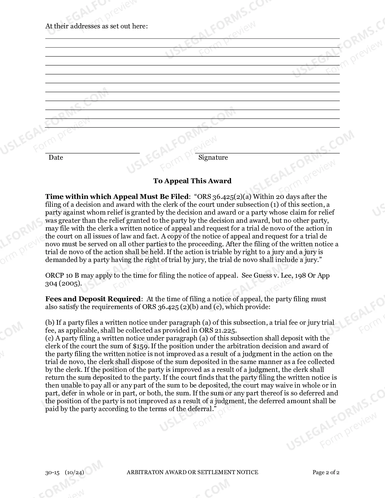 Preview Arbitation Award Or Settlement Notice