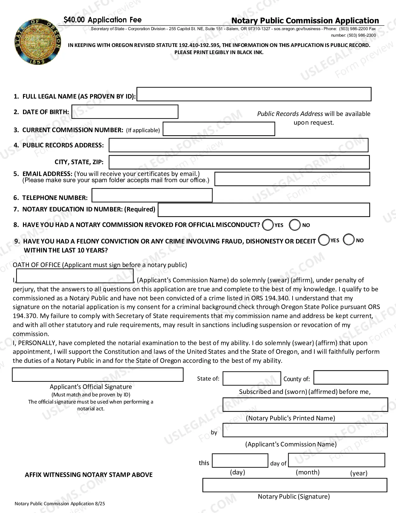 Preview Notary Commission Application form