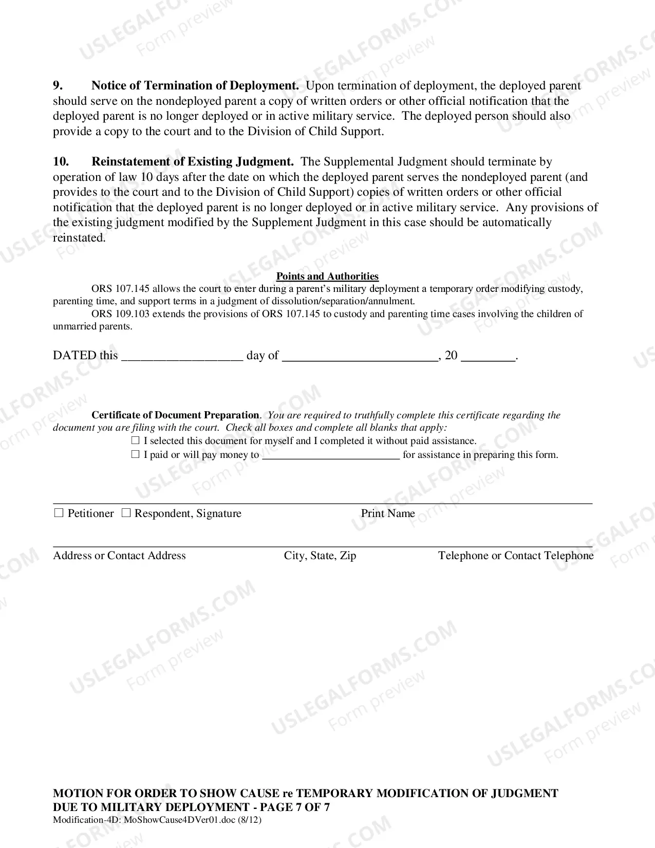 Preview Motion Requesting Modification Due to Military Deployment