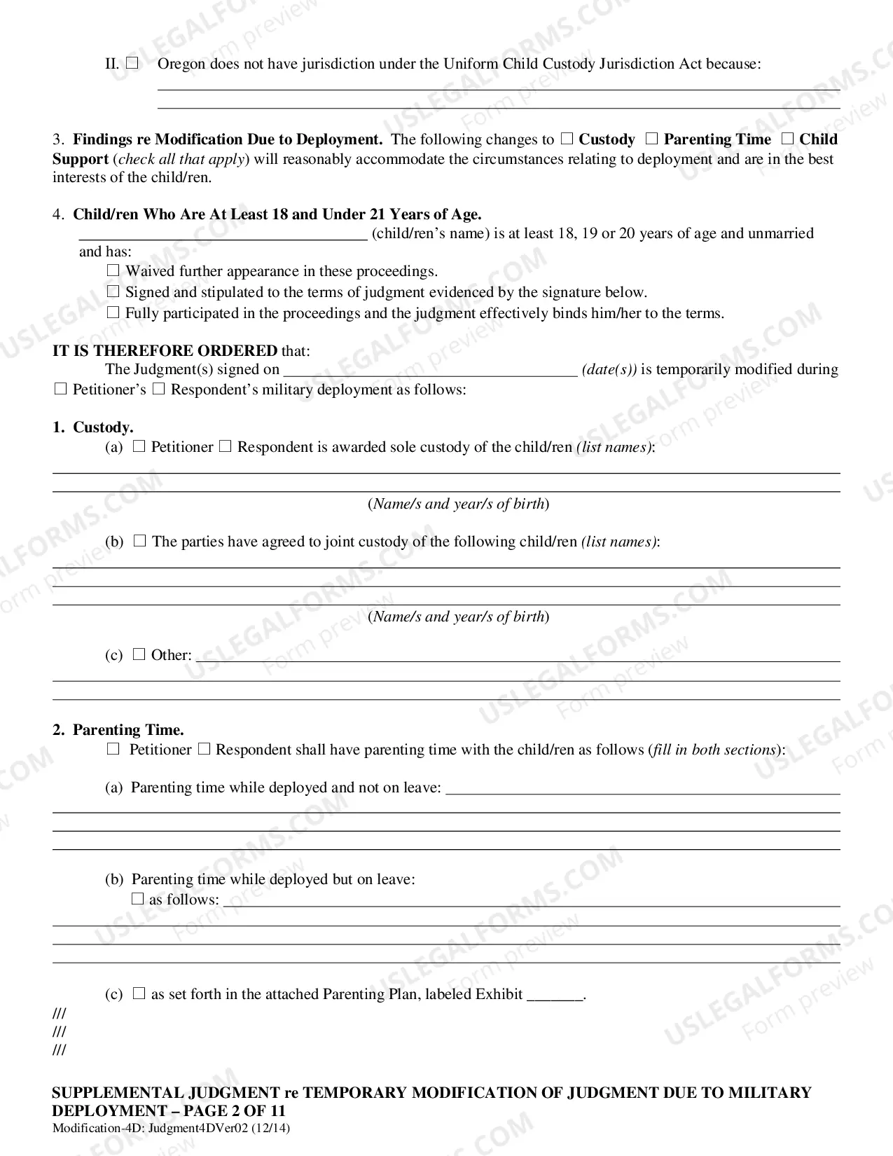 Preview Supplemental Judgment re: Temporary Modification of Judgment re: Custody-Parenting Time/Order re: Jurisdiction?