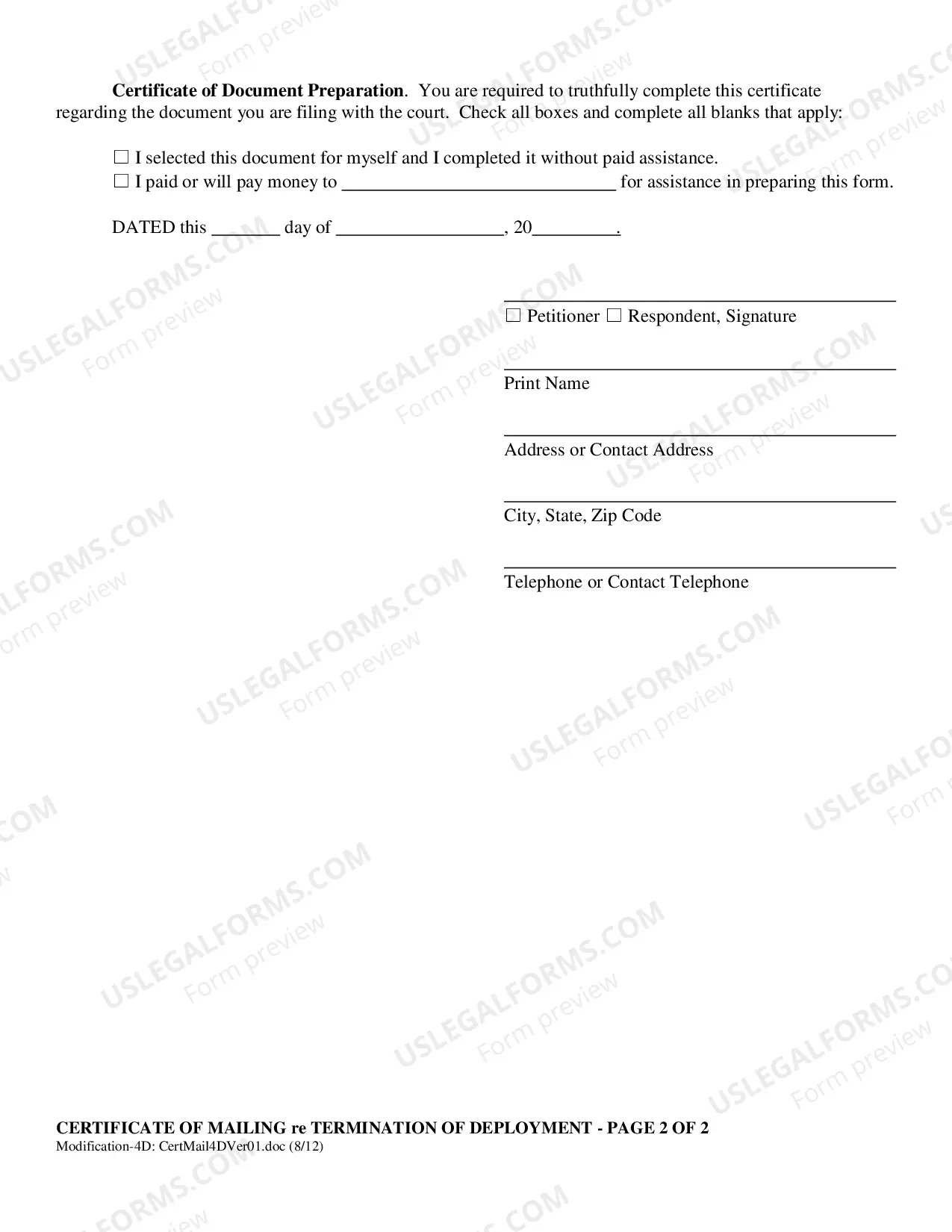 Preview Certificate of Mailing re: Termination of Deployment