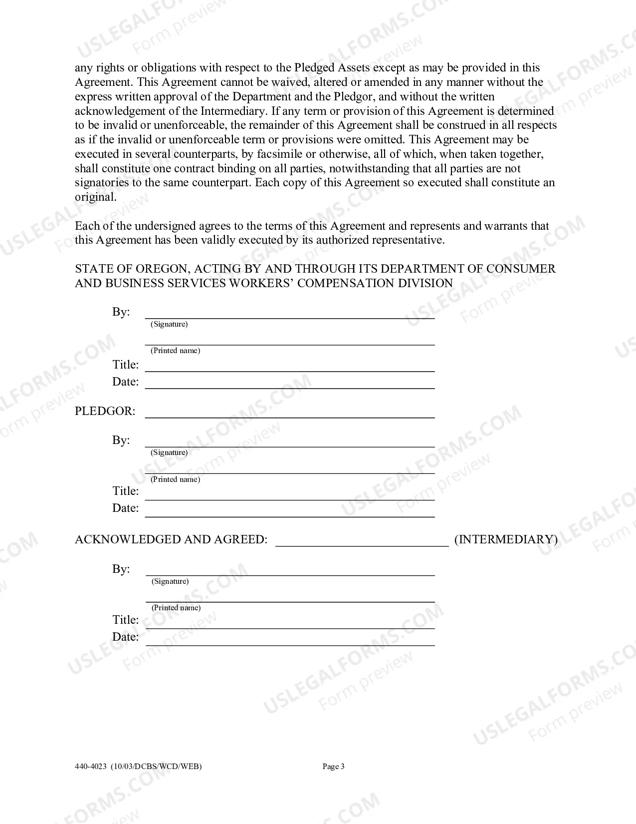 Preview Security Agreement and Notice to Intermediary