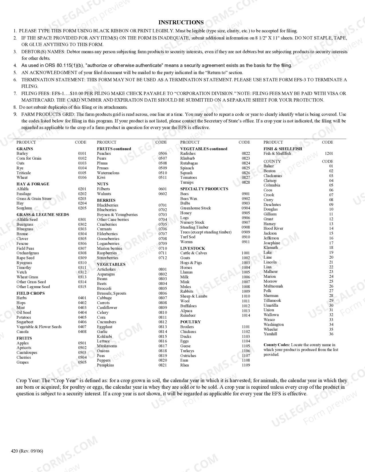 Preview Oregon UCC EFS-1 Farm Products Financing Statement